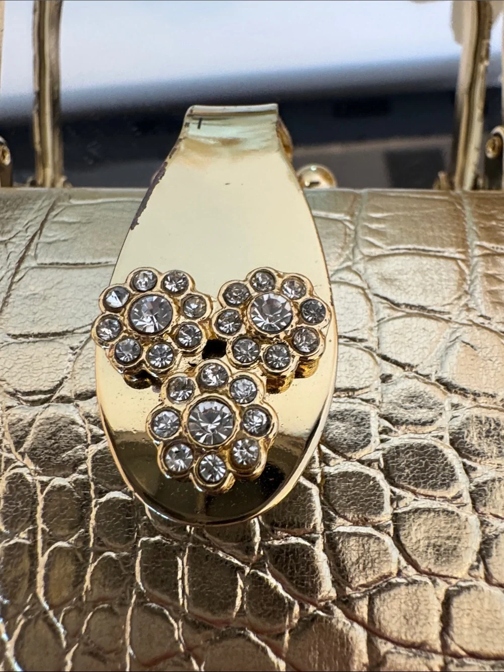 Metallic Gold Croc-Embossed Top Handle Bag with Crystal Clasp